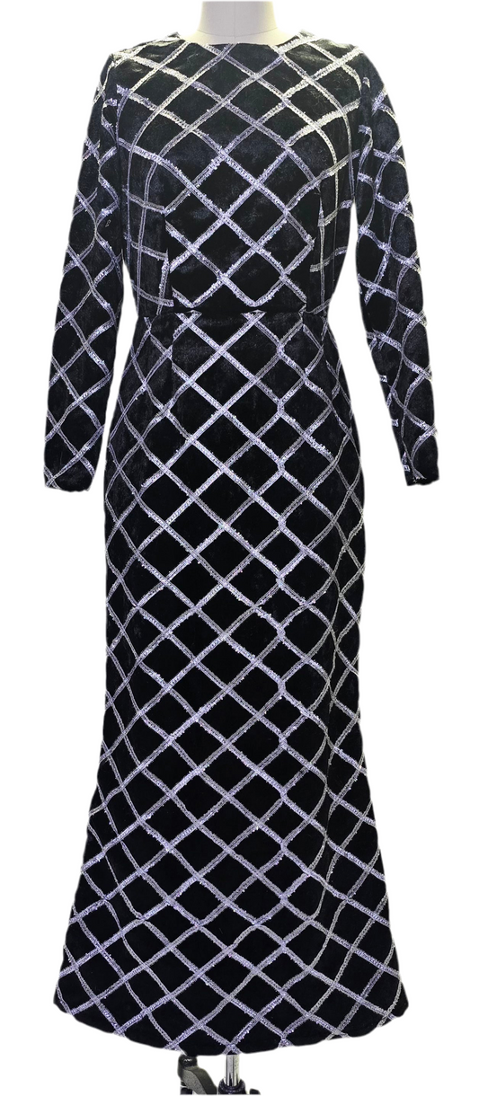 B1 - Black Velvet Noir Grid Column Gown